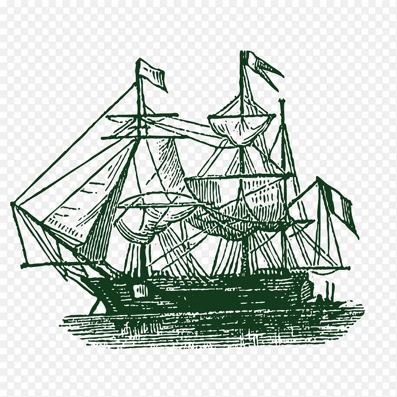 矢量手绘铅绘轮船古代帆船