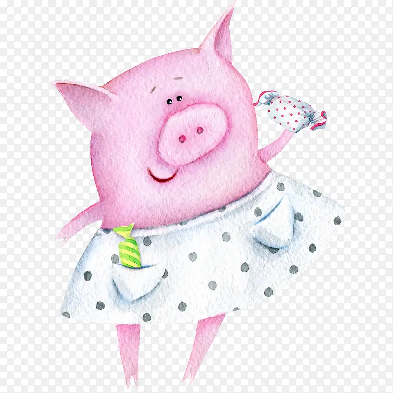 水彩动物粉色小猪拿着糖果