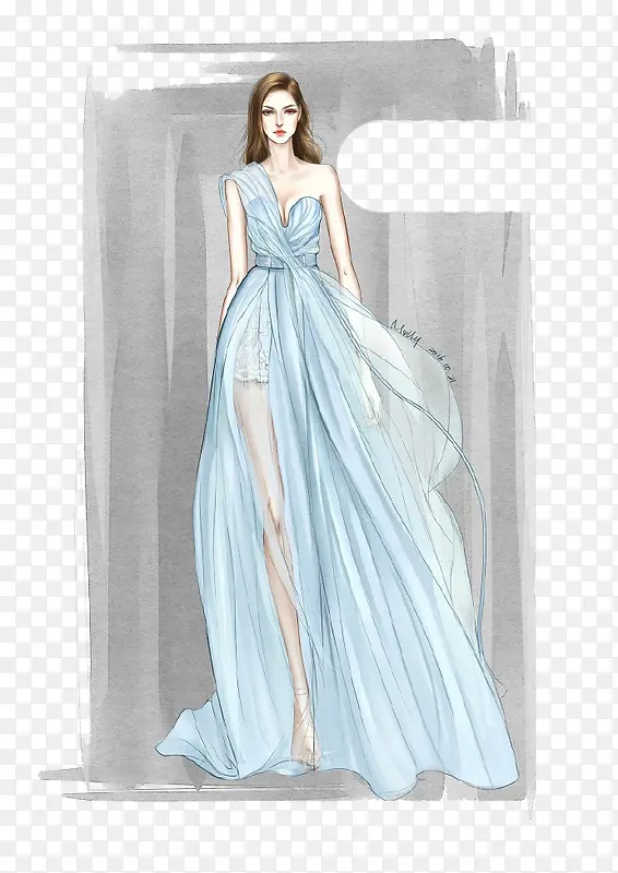 手绘创意淡蓝色裙子服装插画设计