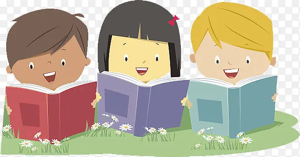 可爱卡通人物草地上看书的孩子