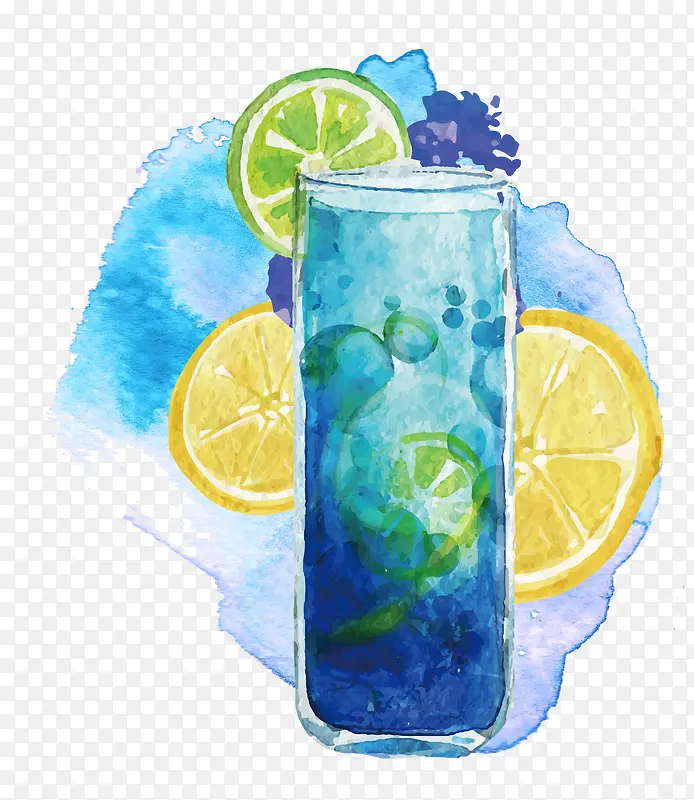 水彩饮料柠檬片蓝色晕染背景