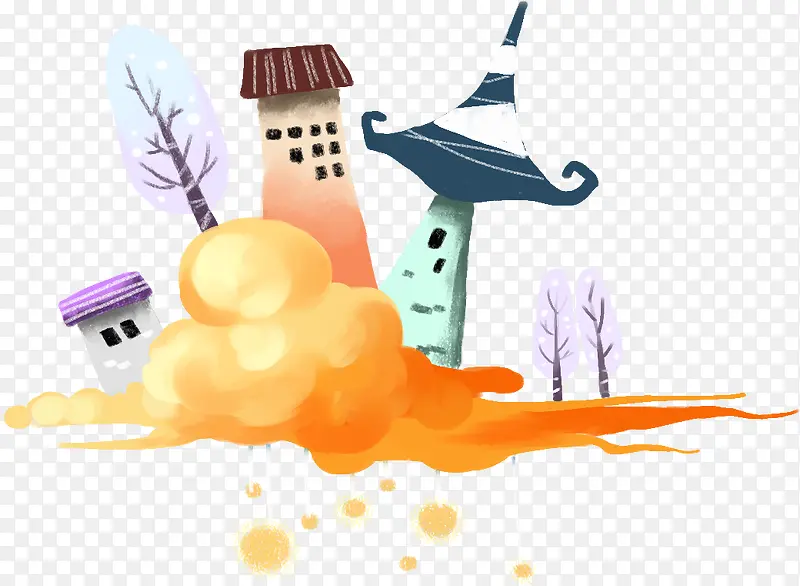 卡通橙色云朵房屋手绘人物