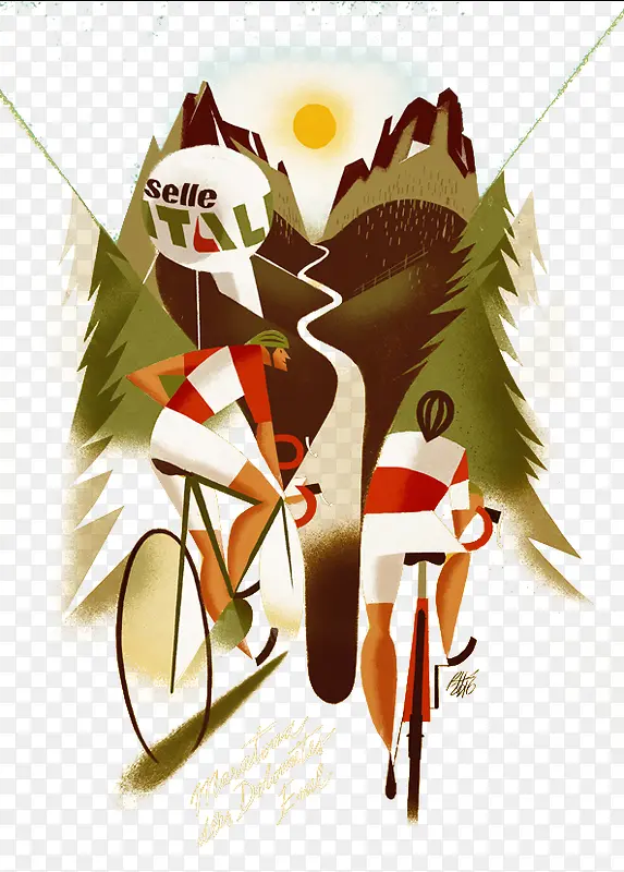 手绘骑自行车的人丛林树木太阳国