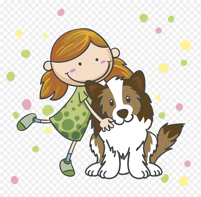 卡通插图小女孩与小狗