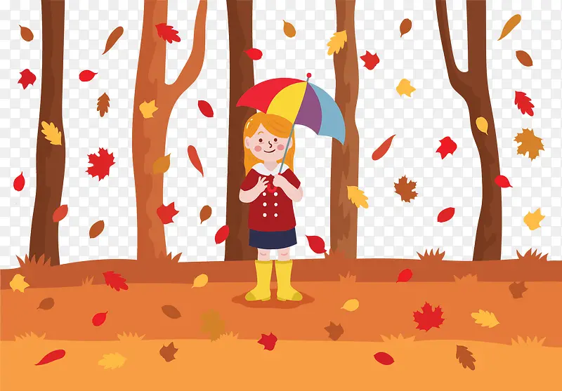 秋天落叶打伞女孩