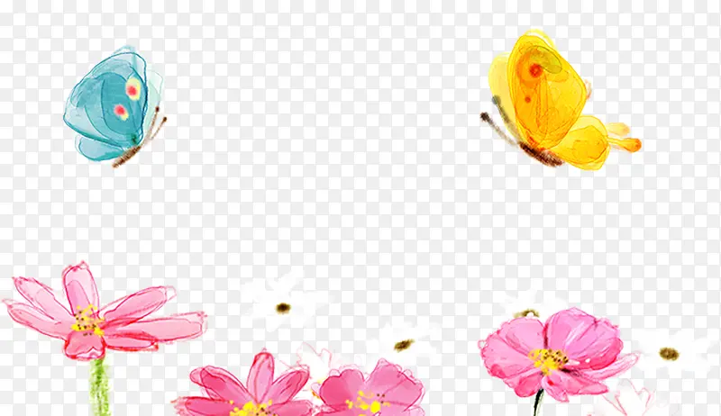 粉色颜料手绘花朵蝴蝶装饰图案