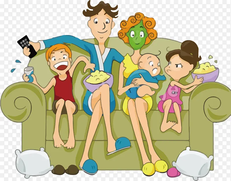 卡通欢乐一家人看电视矢量