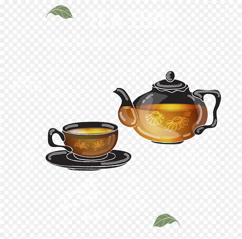 黄色简约茶壶茶艺装饰图案