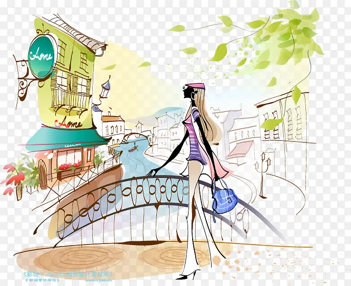手绘时尚逛街女生插图
