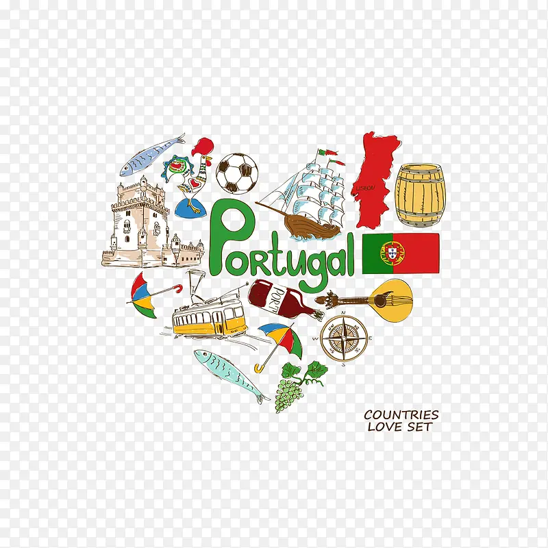 葡萄牙元素心形插画