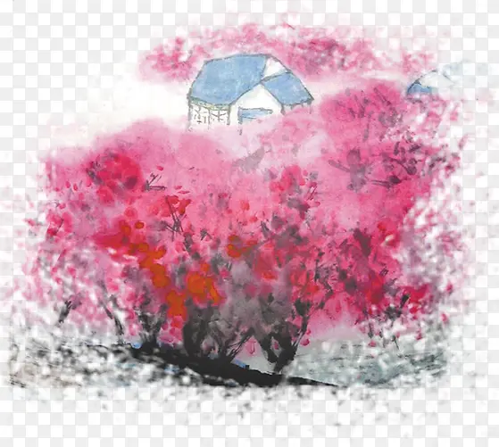 水墨艺术粉色场景树木