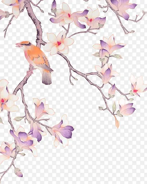 紫色中国风花鸟装饰图案