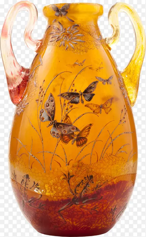 黄色陶瓷蝴蝶花瓶抠图