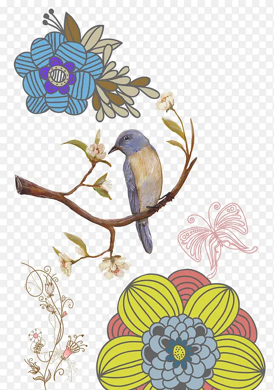 蓝色花和鸟