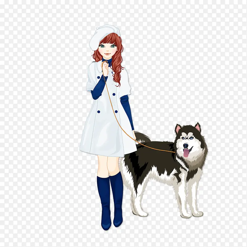 卡通遛狗的美少女