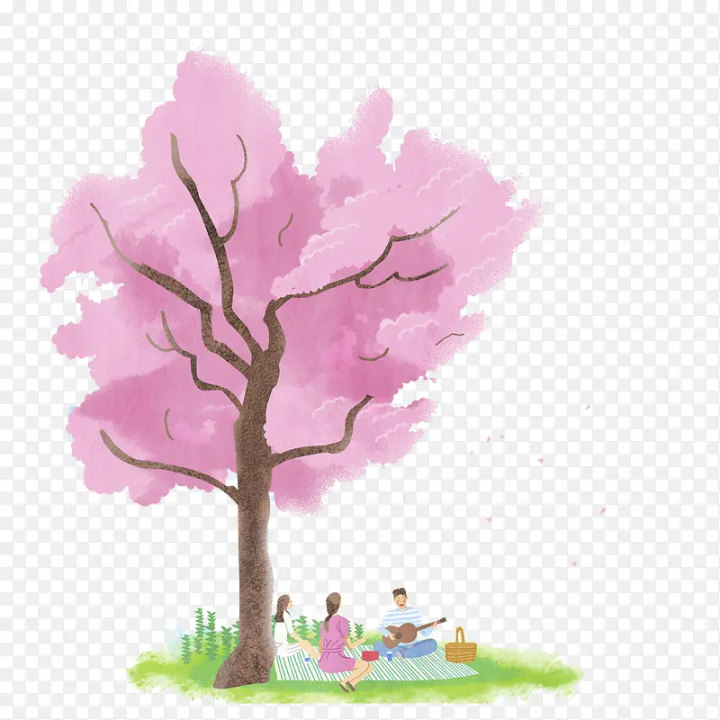粉色树木春游野炊插画