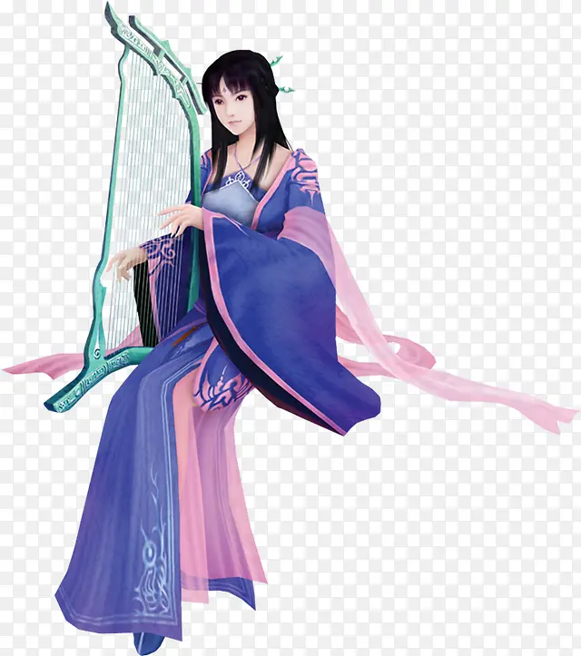 立绘古风蓝衣古琴女子