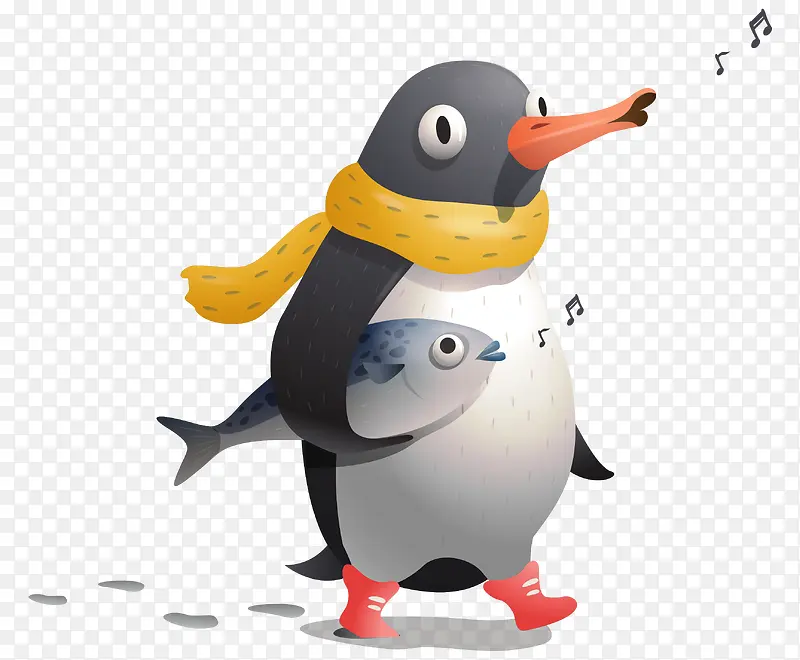 卡通矢量手绘哼着歌小鱼企鹅
