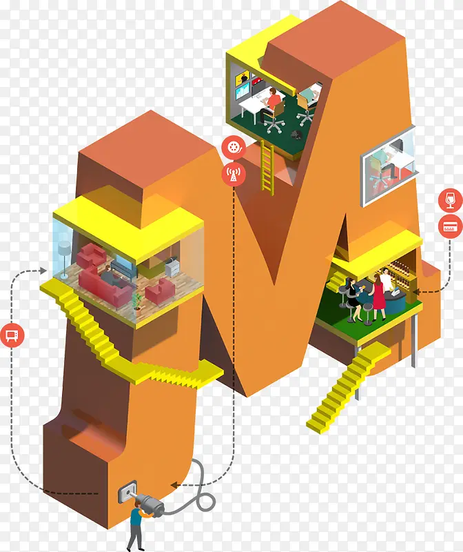 橙色立体工作场景字母m