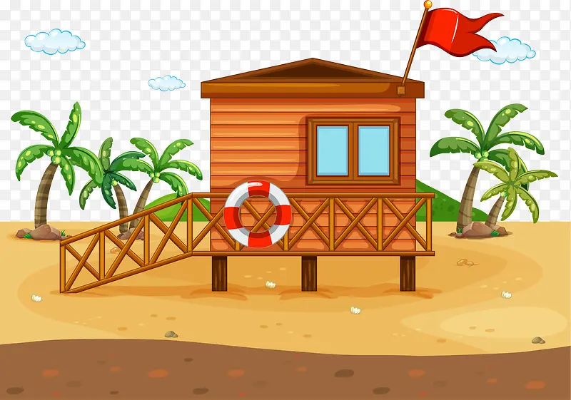 卡通沙滩椰汁树小木屋