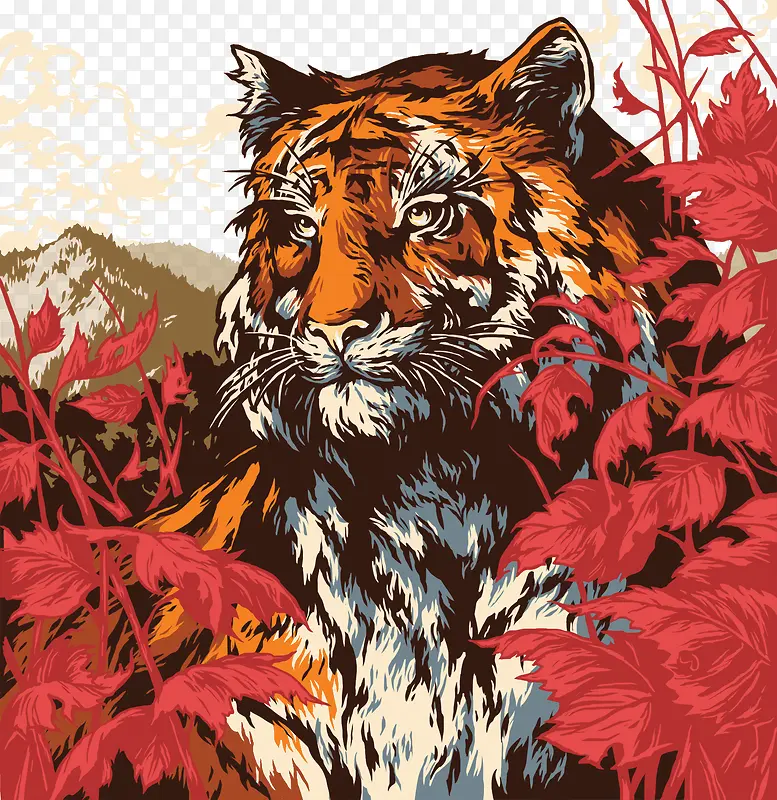 彩绘老虎红色叶子大山图案