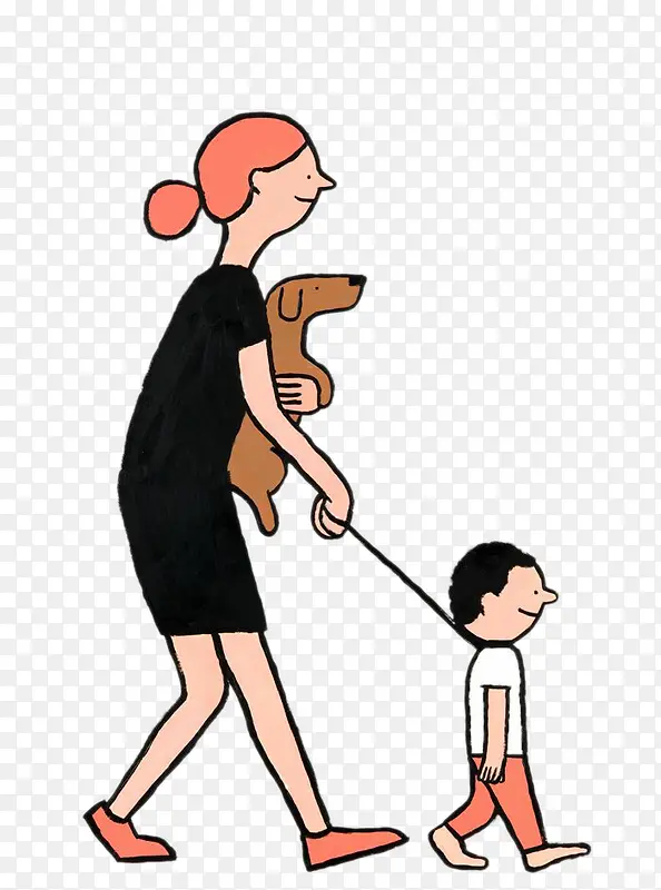 彩绘插画-牵着孩子的妈妈