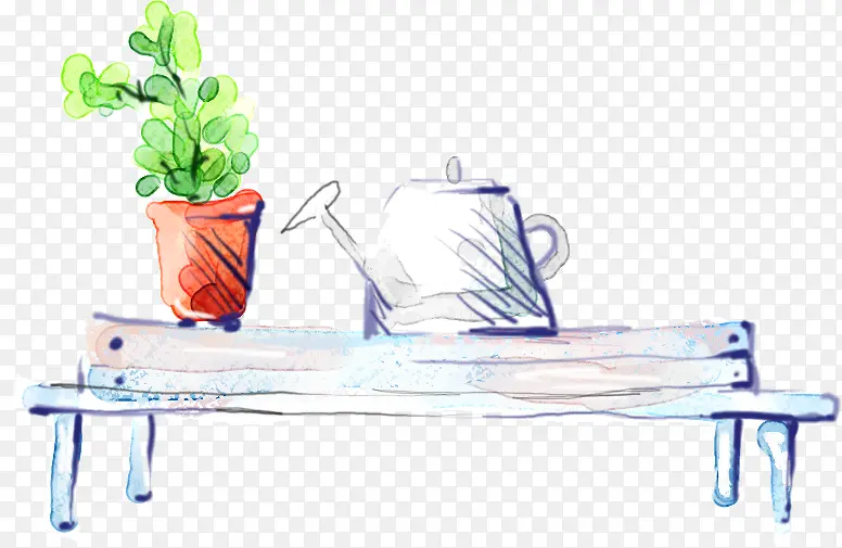 手绘水壶盆栽桌子