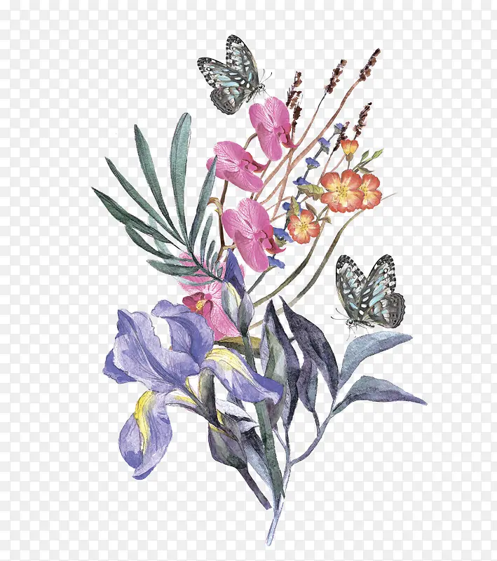 手绘水彩鲜花蝴蝶