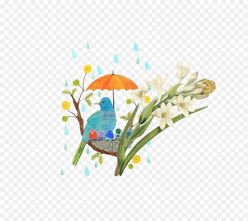 下雨小鸟遮伞