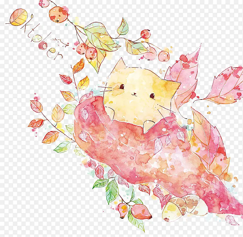 水彩小猫咪与树叶