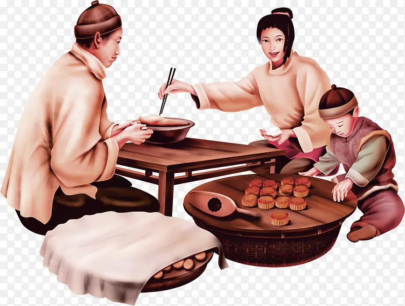 棕色中国风家人月饼装饰图案