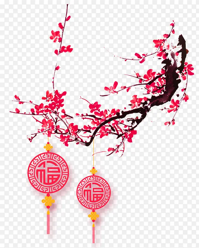 红色中国风花枝挂饰装饰图案