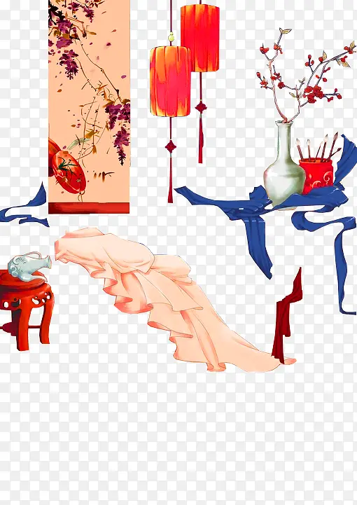 粉色中国风灯笼画作装饰图案