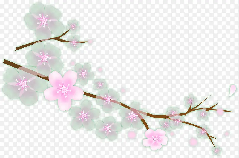 手绘春季粉绿色梅花树叶