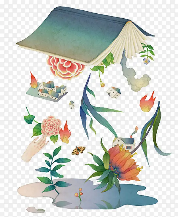 手绘书本花卉