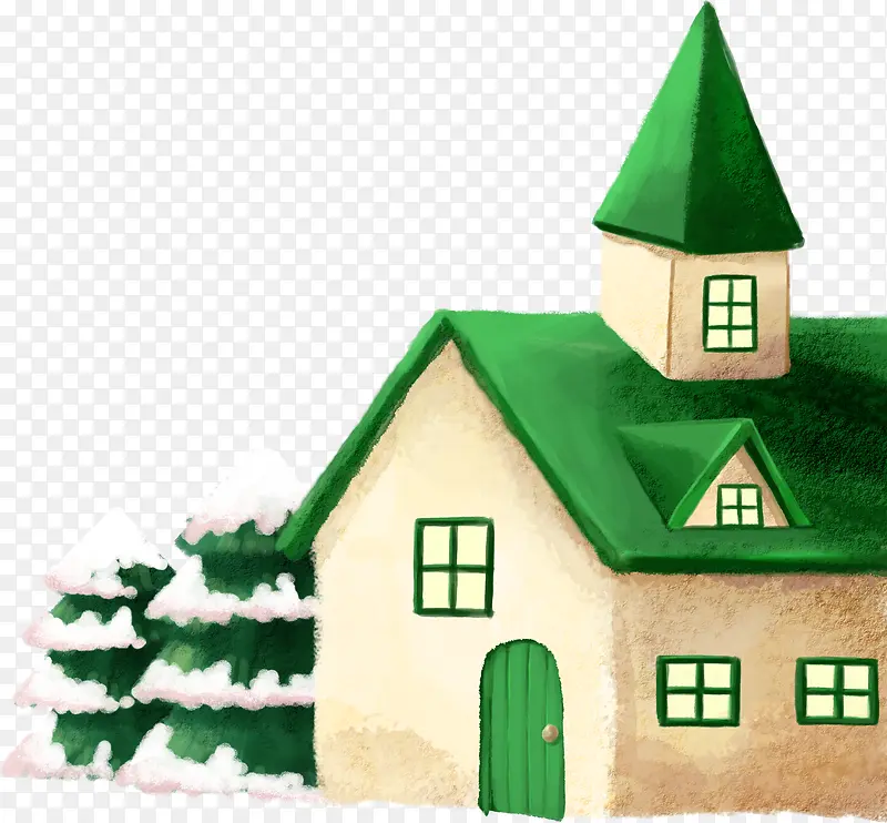 手绘绿色房屋冬季主图