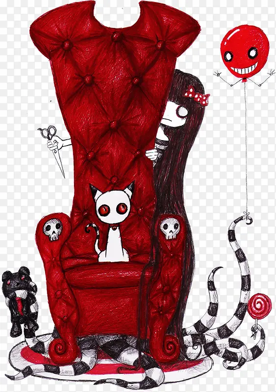 红色椅子女孩猫手绘人物