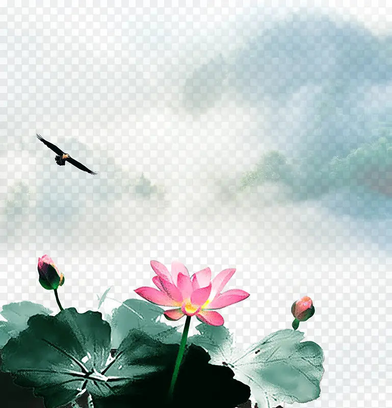 水墨荷花荷叶素材