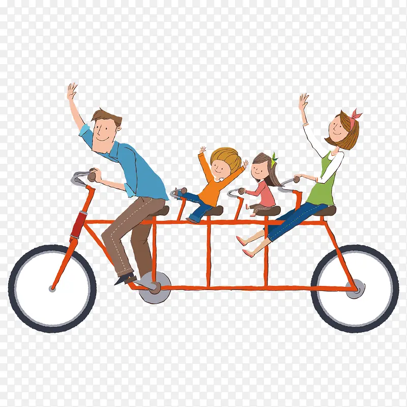 骑自行车招手的一家人