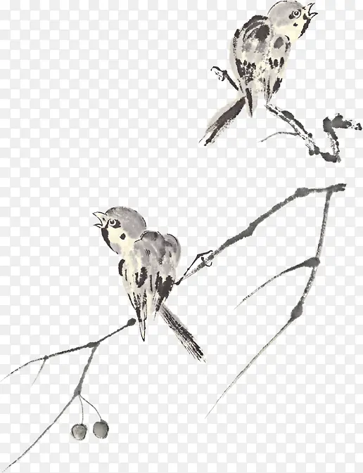 水墨风树枝上的小鸟