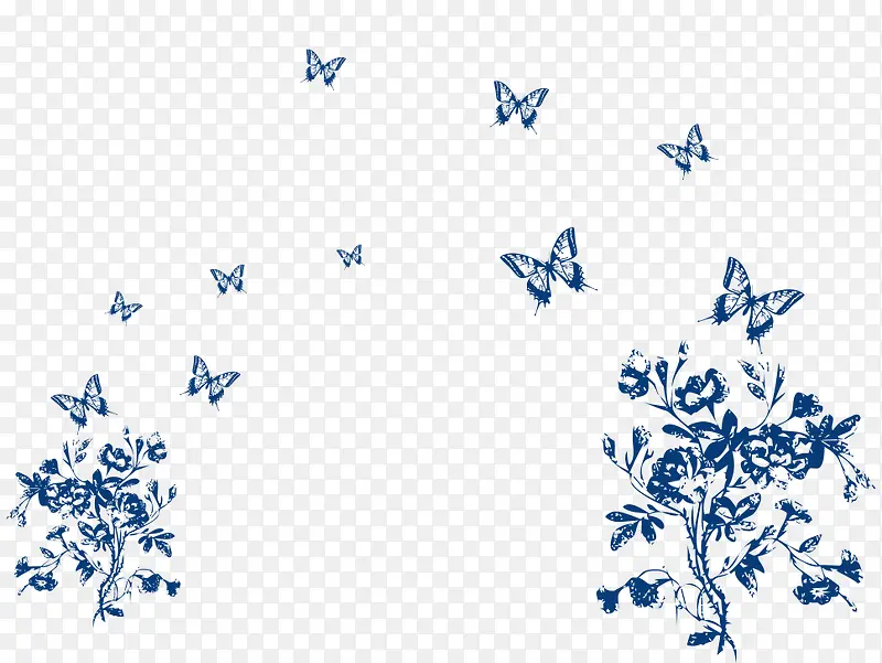 卡通手绘蓝色蝴蝶花朵树枝