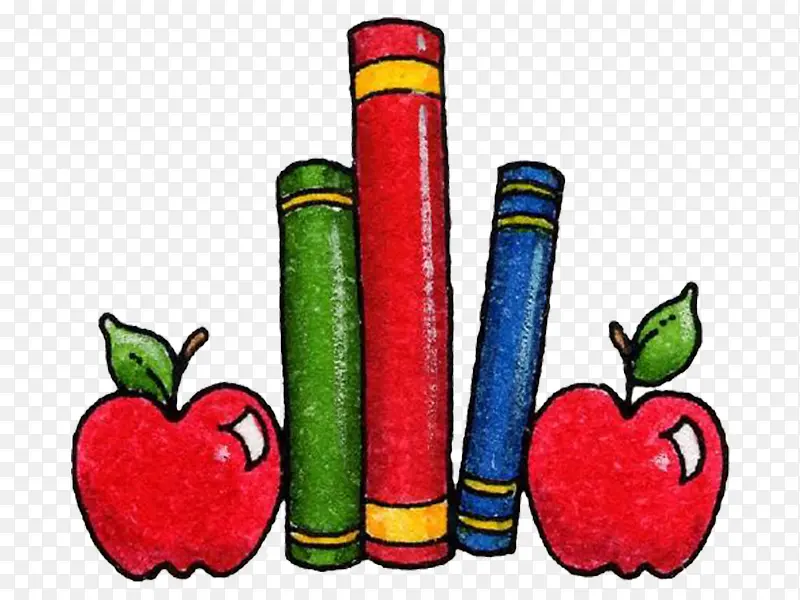 手绘苹果和书本