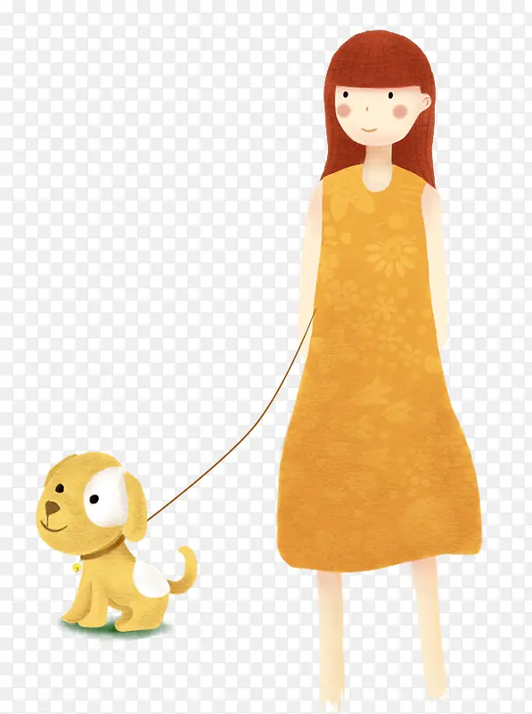 手绘卡通小女孩遛狗