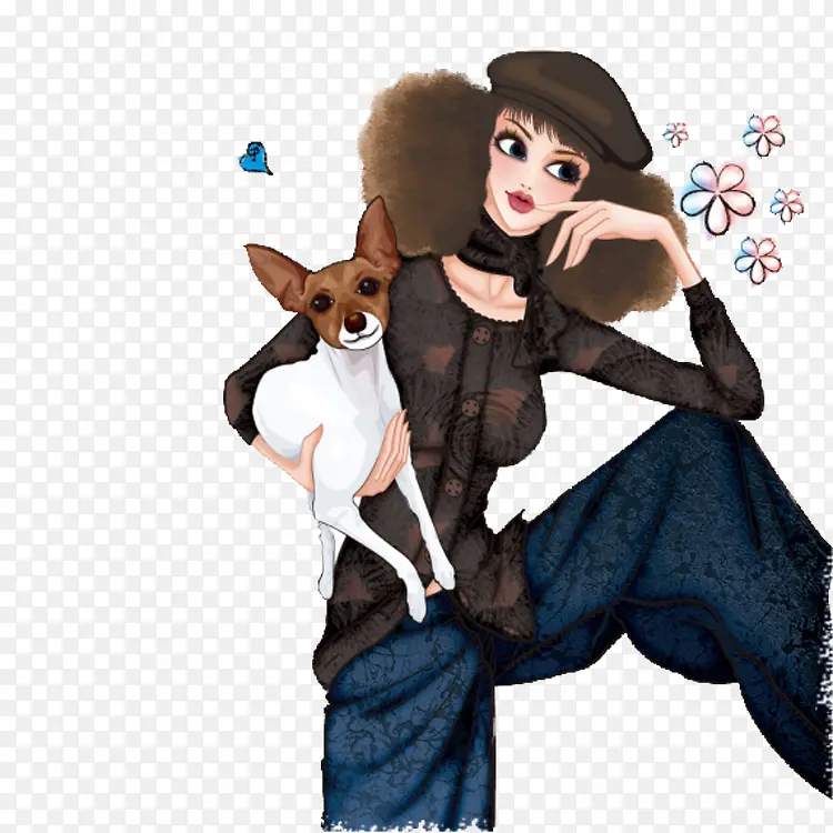 抱着小狗的时尚女性