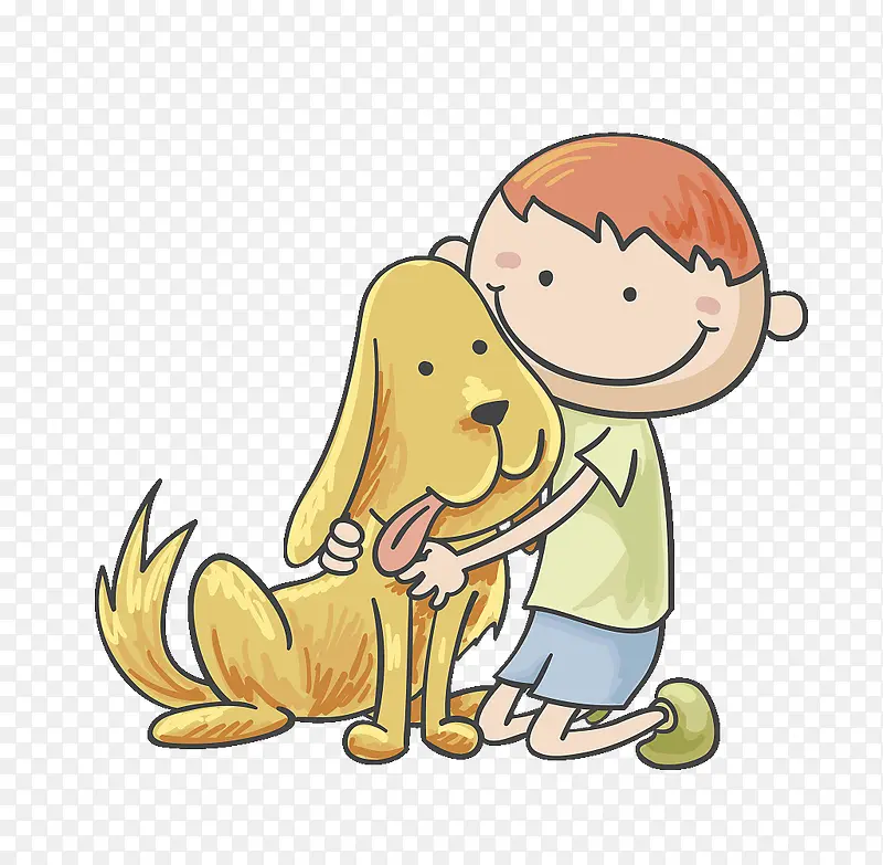 可爱卡通插图小男孩拥抱小狗