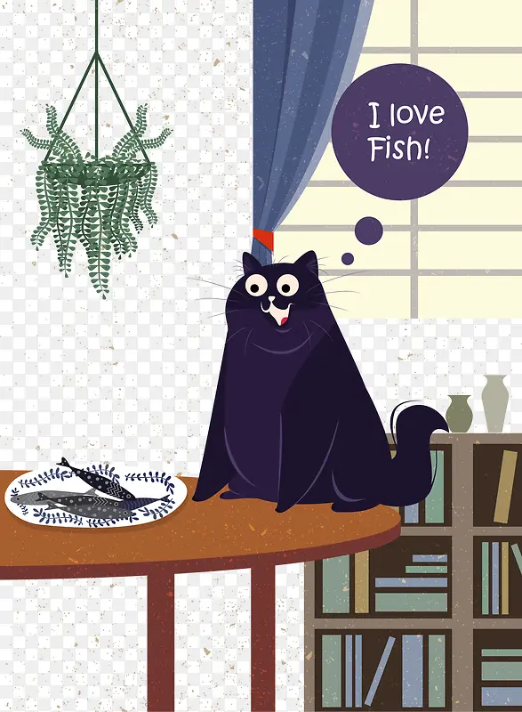 黑猫吃鱼插画