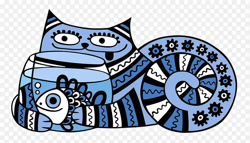 卡通抱浴缸蓝色花纹猫咪