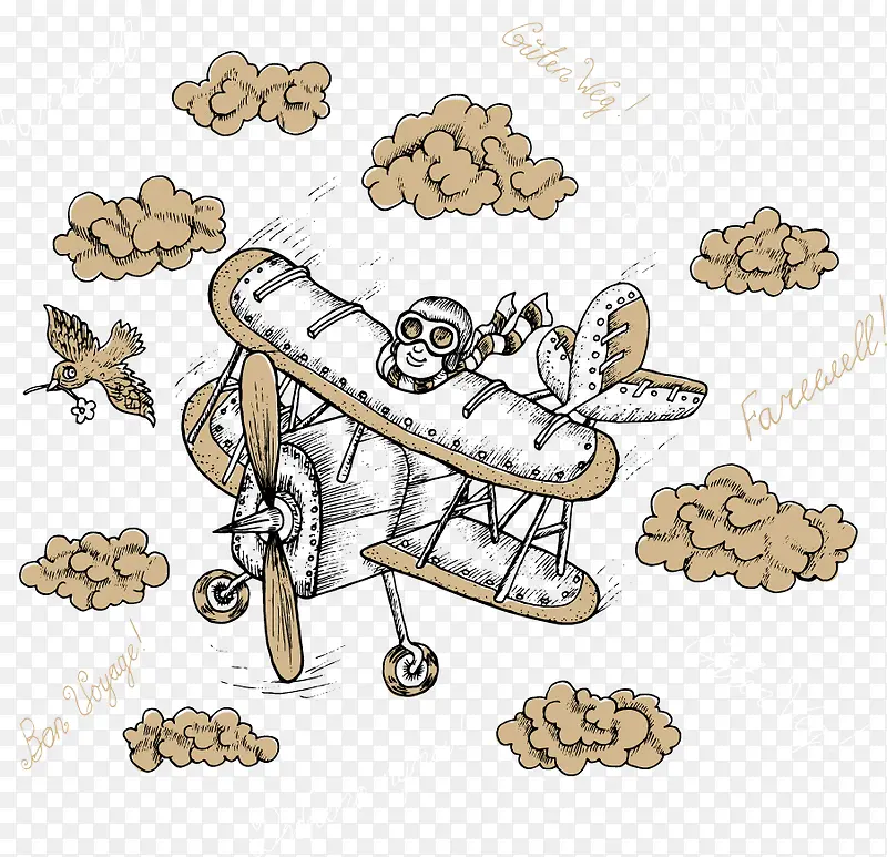 卡通手绘飞机云朵
