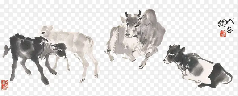 装饰牛免抠水墨画素材