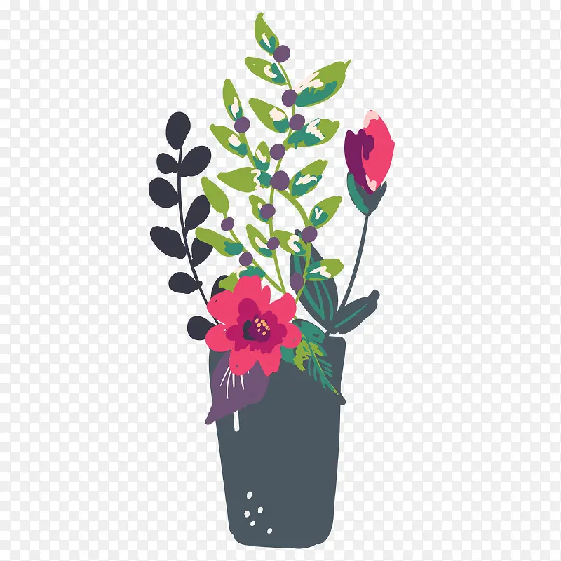 手绘花瓶插花植物